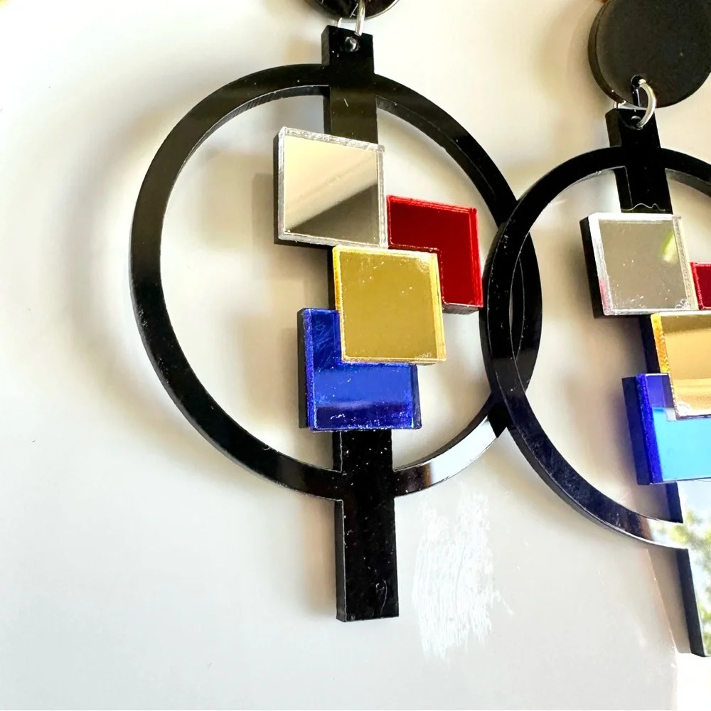 2/$30šµ Mirrored Acrylic Pop Art Earrings Geo Square Circle Color Block Mosaic - Picture 3 of 10